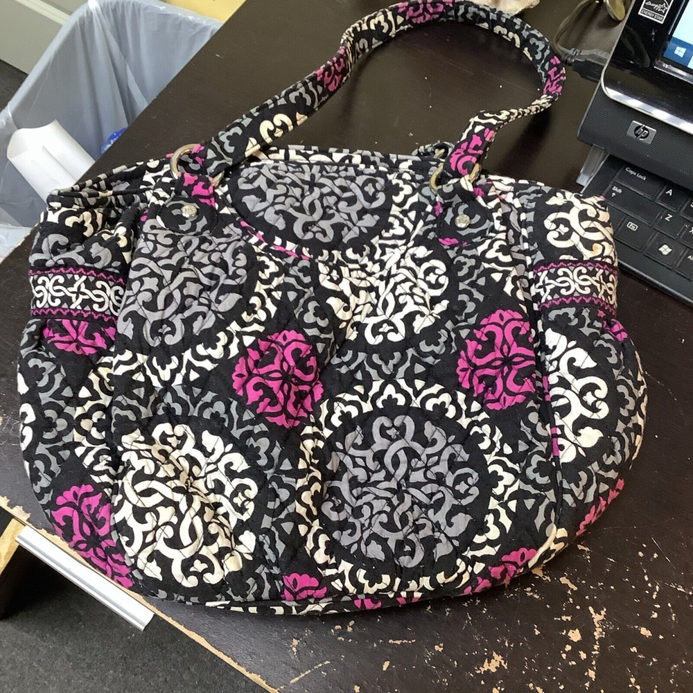 VERA BRADLEY Black Fuchsia Gray White Shoulder Strap Zippered Handbag Purse EUC
